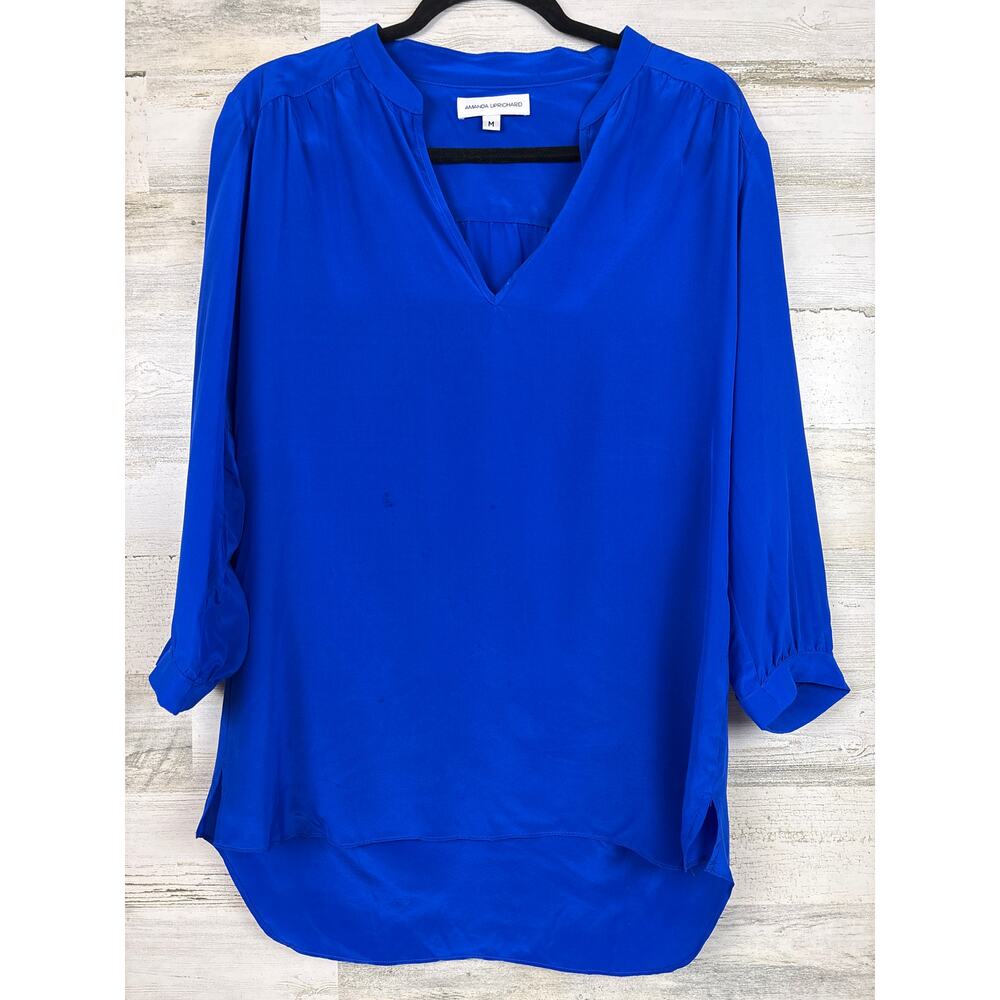 Amanda Uprichard Womens M Blue Silk Button Up Blouse Workwear Luxe Top